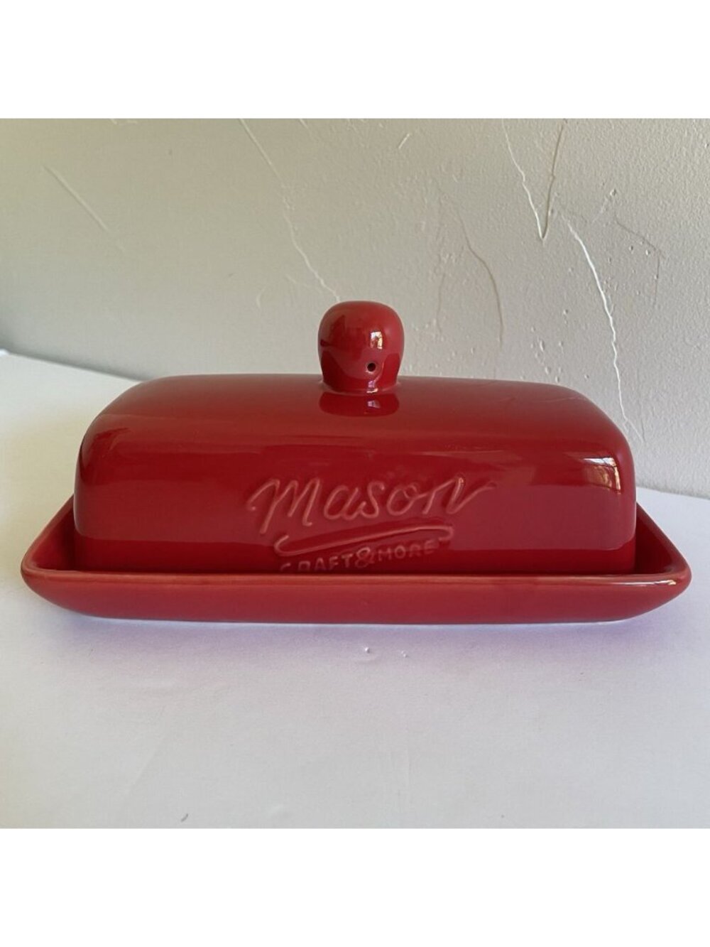 Mason Craft & More Red Ceramic Butter Dish with Lid Bright Red Excellent 7.25"